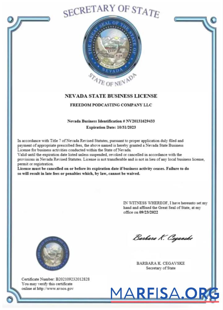 Printable USA Nevada State certificate of business license Word and PDF template